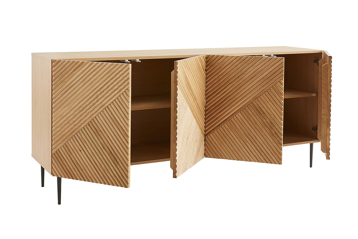 Buffet design en bois clair ch�ne massif grav� et m�tal noir 4 portes L180 cm ARCHIPEL