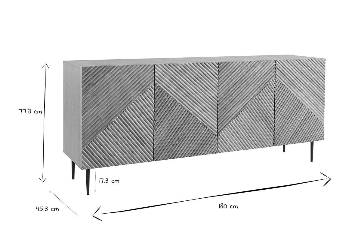 Buffet design en bois clair ch�ne massif grav� et m�tal noir 4 portes L180 cm ARCHIPEL
