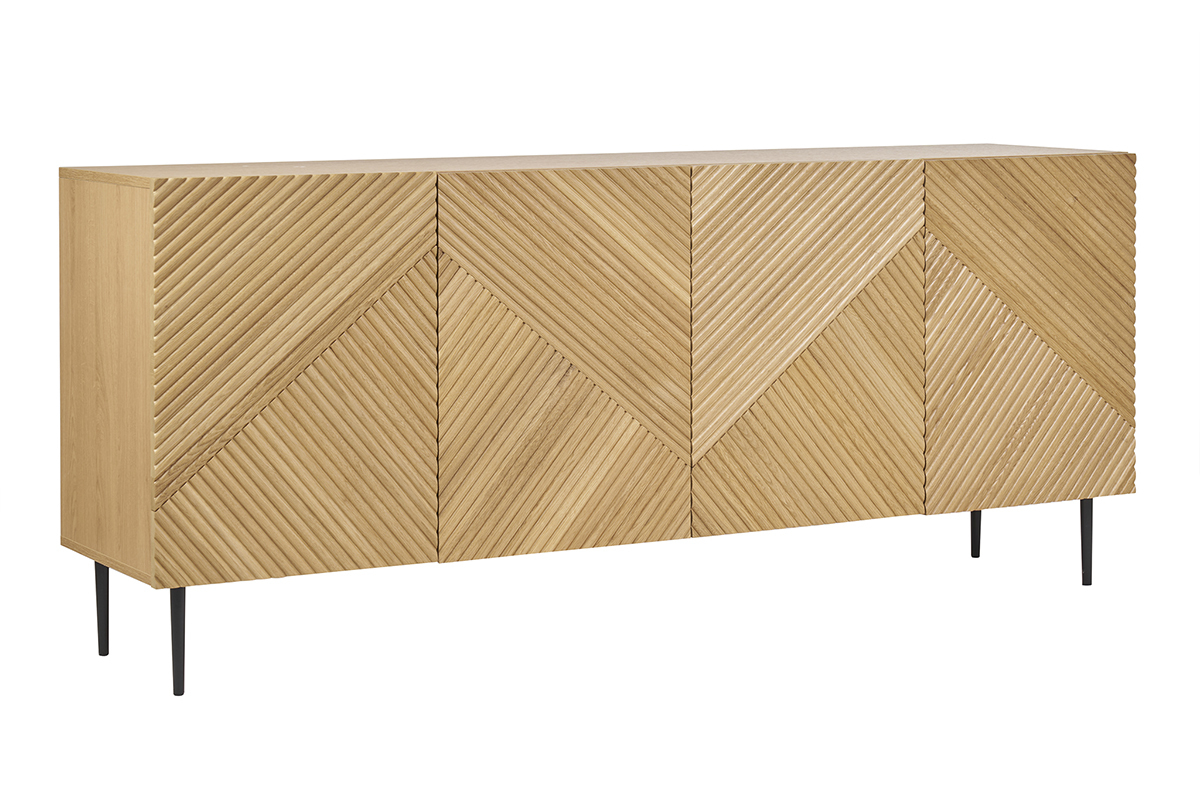 Buffet design en bois clair ch�ne massif grav� et m�tal noir 4 portes L180 cm ARCHIPEL