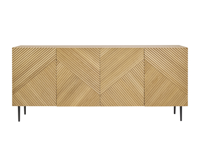 Buffet design en bois clair ch&ecirc;ne massif grav&eacute; et m&eacute;tal noir 4 portes L180 cm ARCHIPEL