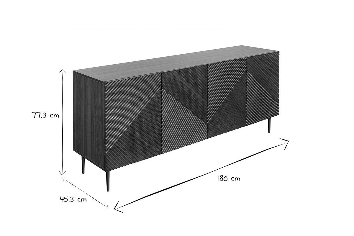 Buffet design en bois fonc� ch�ne massif grav� et m�tal noir 4 portes L180 cm ARCHIPEL