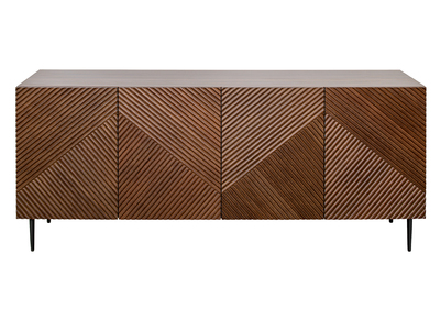 Buffet design en bois fonc&eacute; ch&ecirc;ne massif grav&eacute; et m&eacute;tal noir 4 portes L180 cm ARCHIPEL