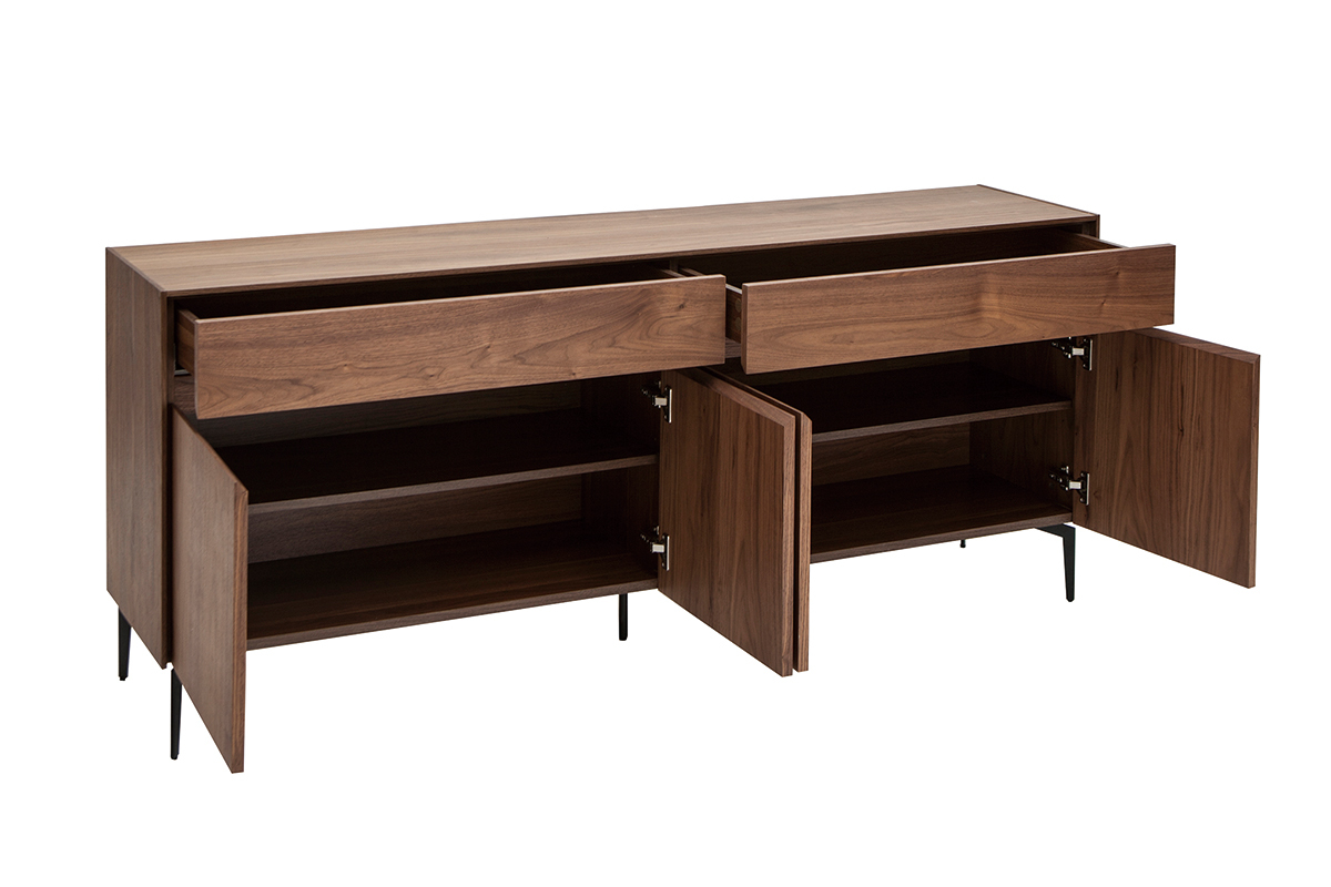 Buffet design en bois fonc� noyer et m�tal noir 4 portes 2 tiroirs L180 cm BLISS