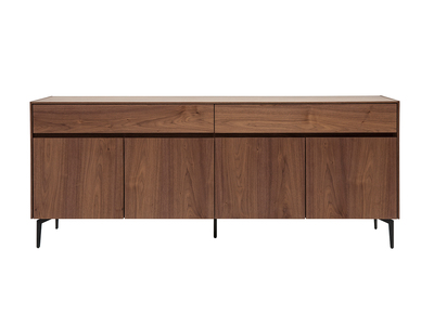 Buffet design en bois fonc&eacute; noyer et m&eacute;tal noir 4 portes 2 tiroirs L180 cm BLISS