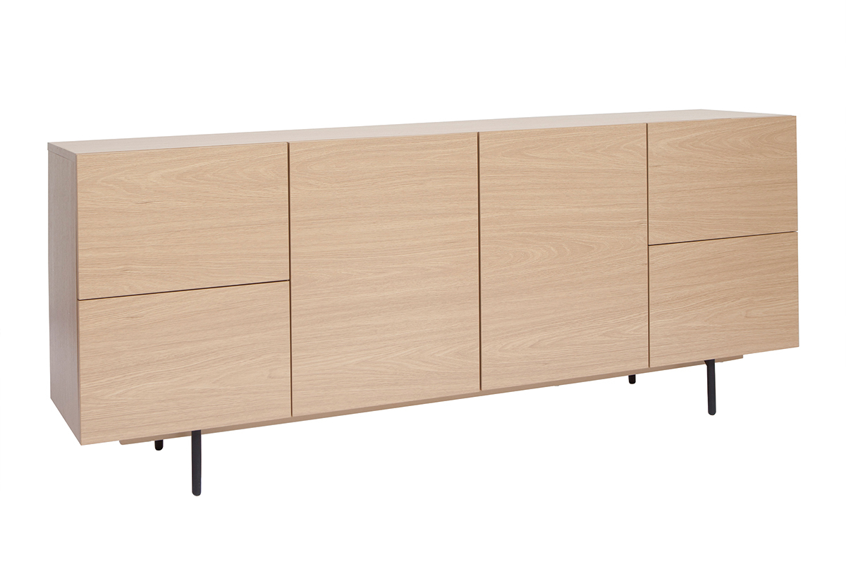 Buffet design finition bois clair ch�ne et m�tal noir 2 portes 4 tiroirs L180 cm ALASKA