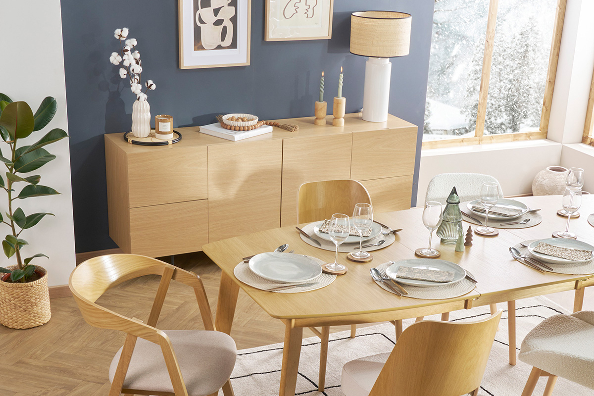 Buffet design finition bois clair ch�ne et m�tal noir 2 portes 4 tiroirs L180 cm ALASKA