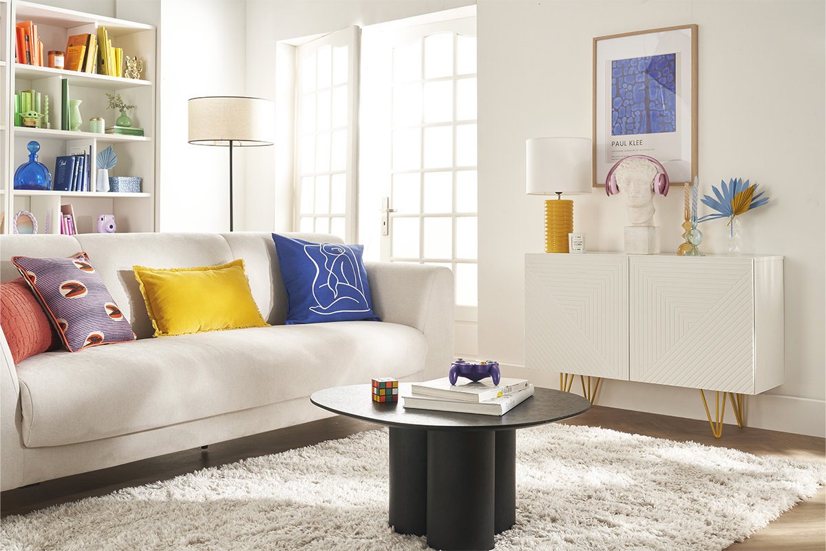Buffet design grav� blanc mat et m�tal dor� 2 portes L107 cm OZEN