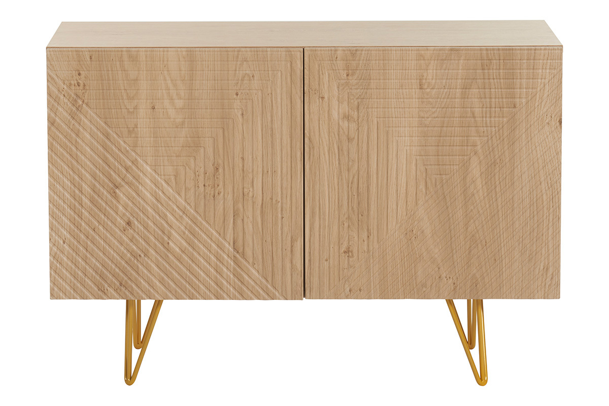 Buffet design grav� finition bois clair ch�ne et m�tal dor� 2 portes L107 cm OZEN