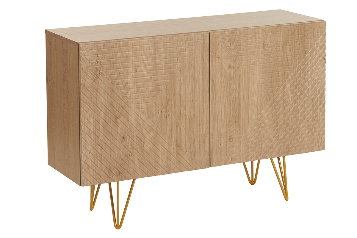 Buffet design grav� finition bois clair ch�ne et m�tal dor� 2 portes L107 cm OZEN