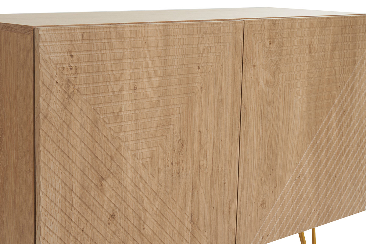 Buffet design grav� finition bois clair ch�ne et m�tal dor� 2 portes L107 cm OZEN