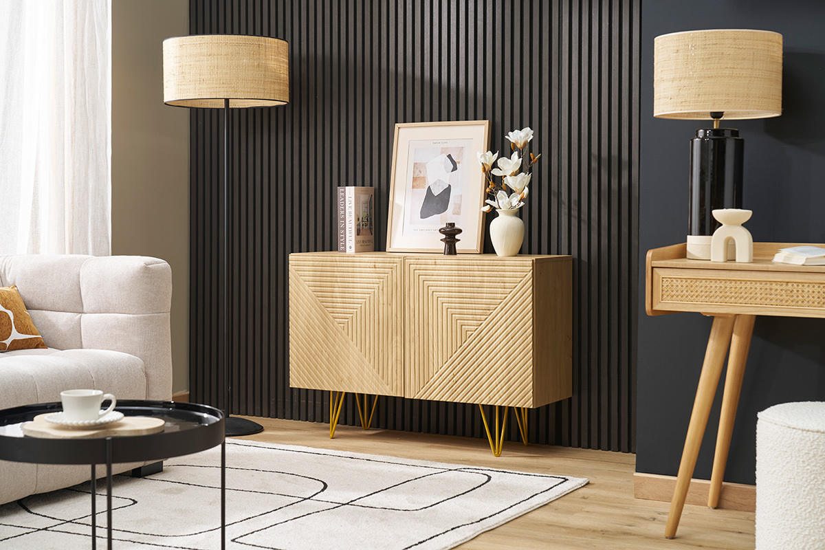 Buffet design grav� finition bois clair ch�ne et m�tal dor� 2 portes L107 cm OZEN