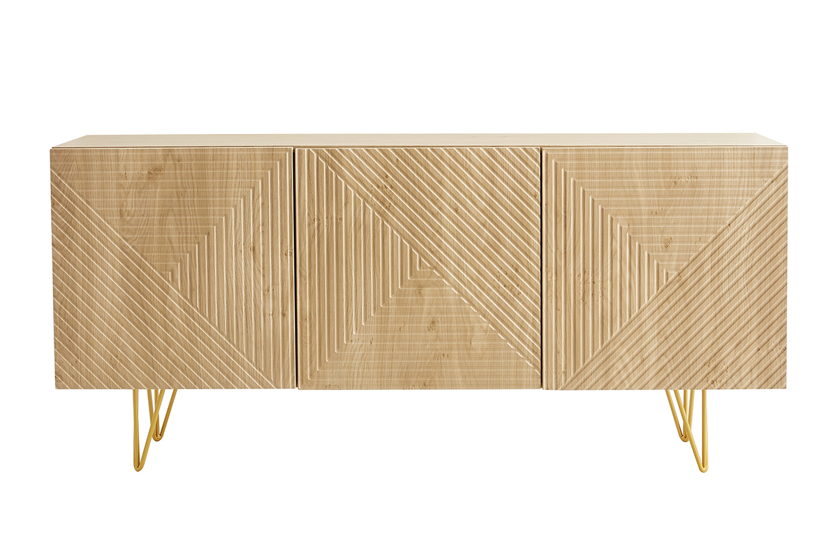 Buffet design grav� finition bois clair ch�ne et m�tal dor� 3 portes L160 cm OZEN