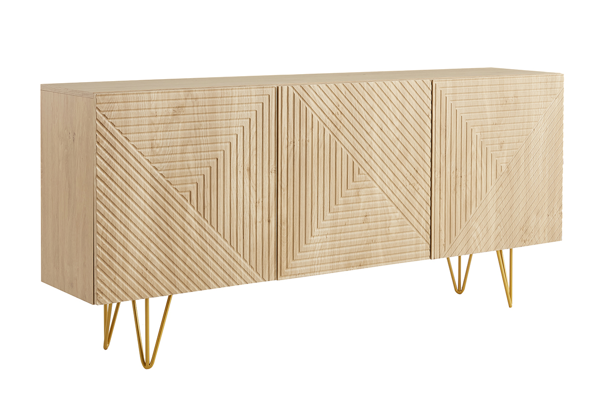 Buffet design grav� finition bois clair ch�ne et m�tal dor� 3 portes L160 cm OZEN