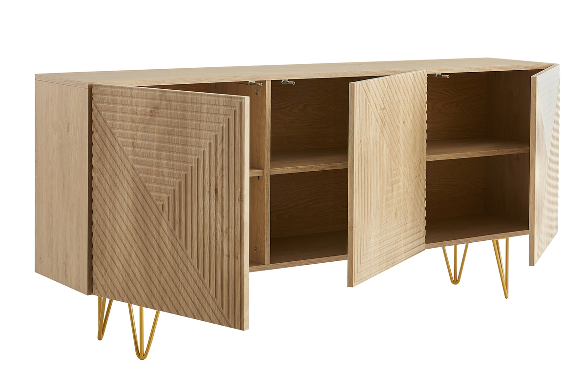 Buffet design grav� finition bois clair ch�ne et m�tal dor� 3 portes L160 cm OZEN