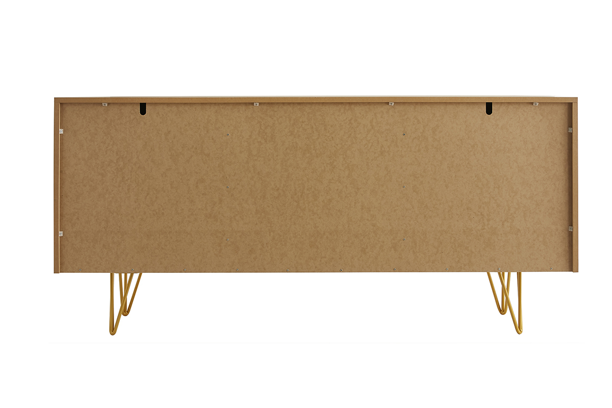 Buffet design grav� finition bois clair ch�ne et m�tal dor� 3 portes L160 cm OZEN