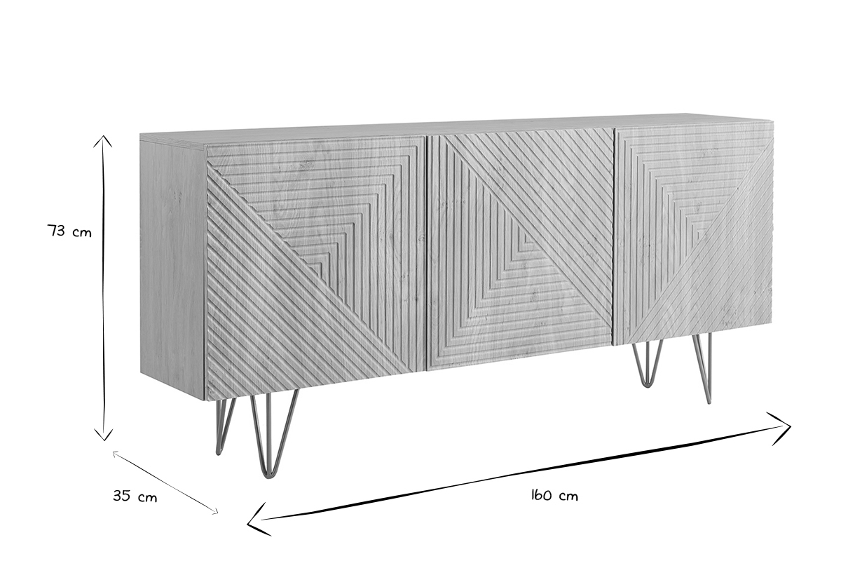 Buffet design grav� finition bois clair ch�ne et m�tal dor� 3 portes L160 cm OZEN