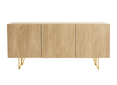 Buffet design grav&eacute; finition bois clair ch&ecirc;ne et m&eacute;tal dor&eacute; 3 portes L160 cm OZEN