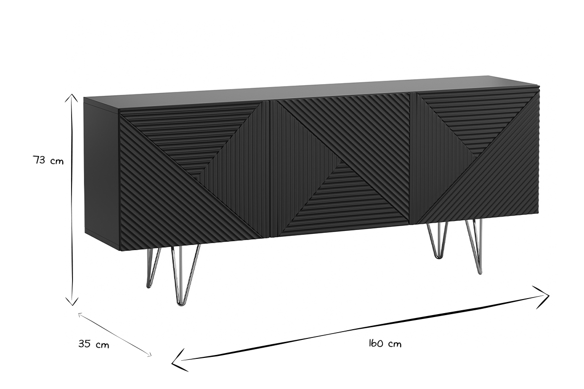 Buffet design grav� noir et m�tal dor� 3 portes L160 cm OZEN