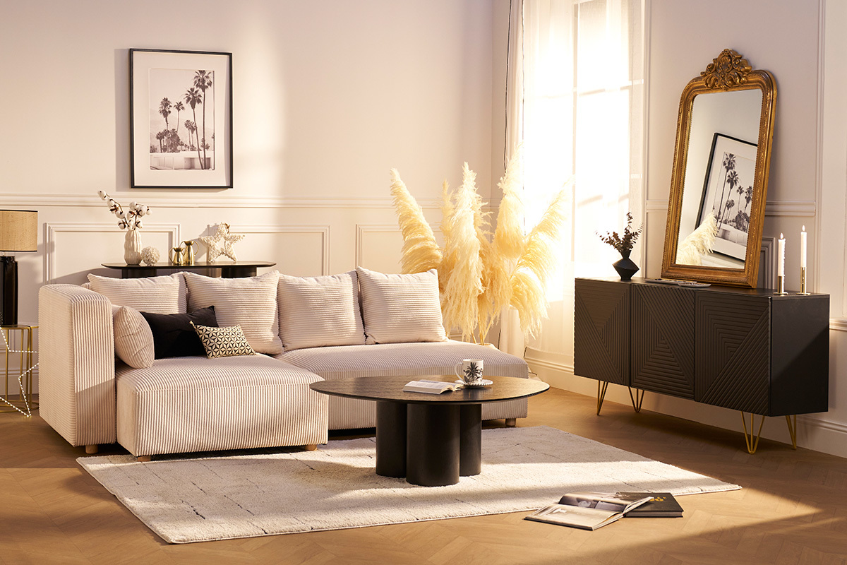 Buffet design grav� noir et m�tal dor� 3 portes L160 cm OZEN