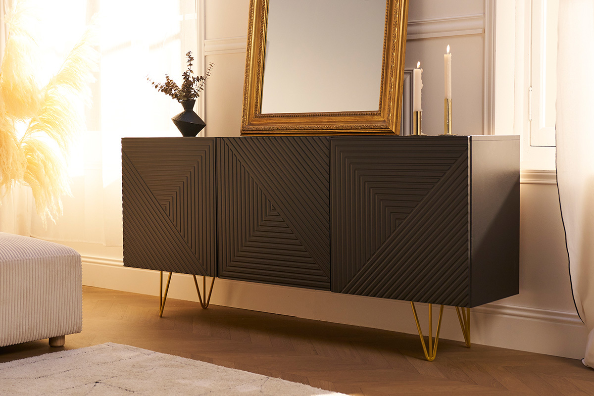 Buffet design grav� noir et m�tal dor� 3 portes L160 cm OZEN