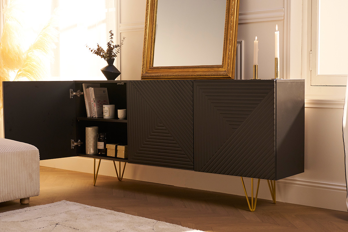 Buffet design grav� noir et m�tal dor� 3 portes L160 cm OZEN