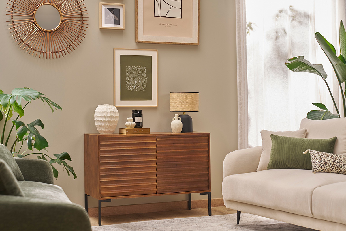 Buffet en bois fonc� manguier massif et m�tal noir 2 portes L100 cm ONDA