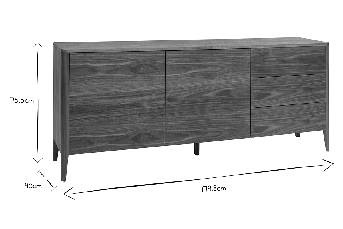 Buffet BENJA en bois fonc�, dimensions 180x40x75,5 cm, 2 portes, 3 tiroirs, vue de c�t�, noir et blanc.