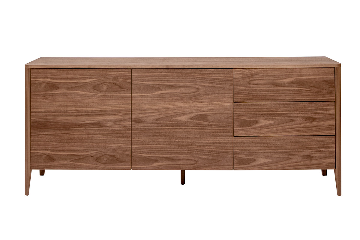 Buffet en bois fonc� noyer avec 2 portes et 3 tiroirs, vue de face.