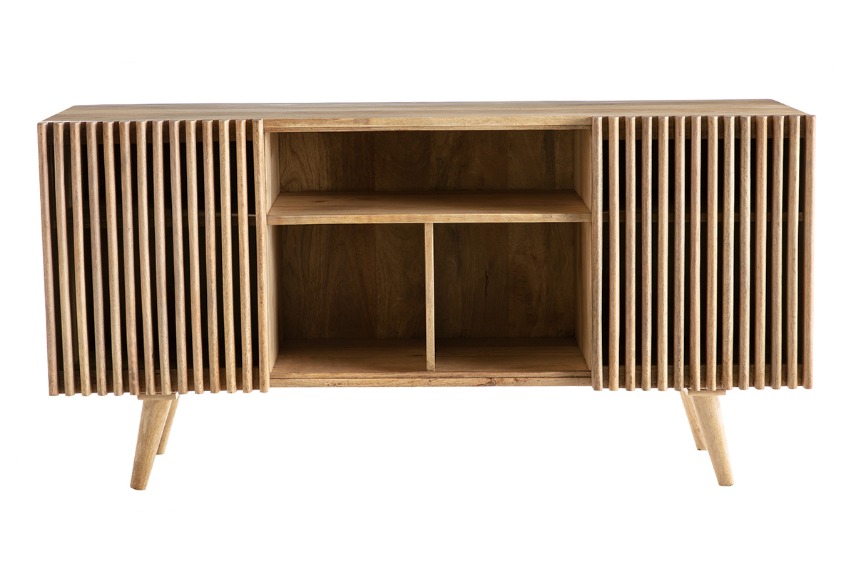 Buffet en bois manguier massif L140 cm avec portes coulissantes et niches de rangement, vue de face.