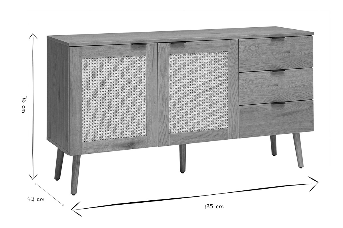 Buffet MANILLE avec dimensions en noir et blanc, L135 x P42 x H76 cm, face avant
