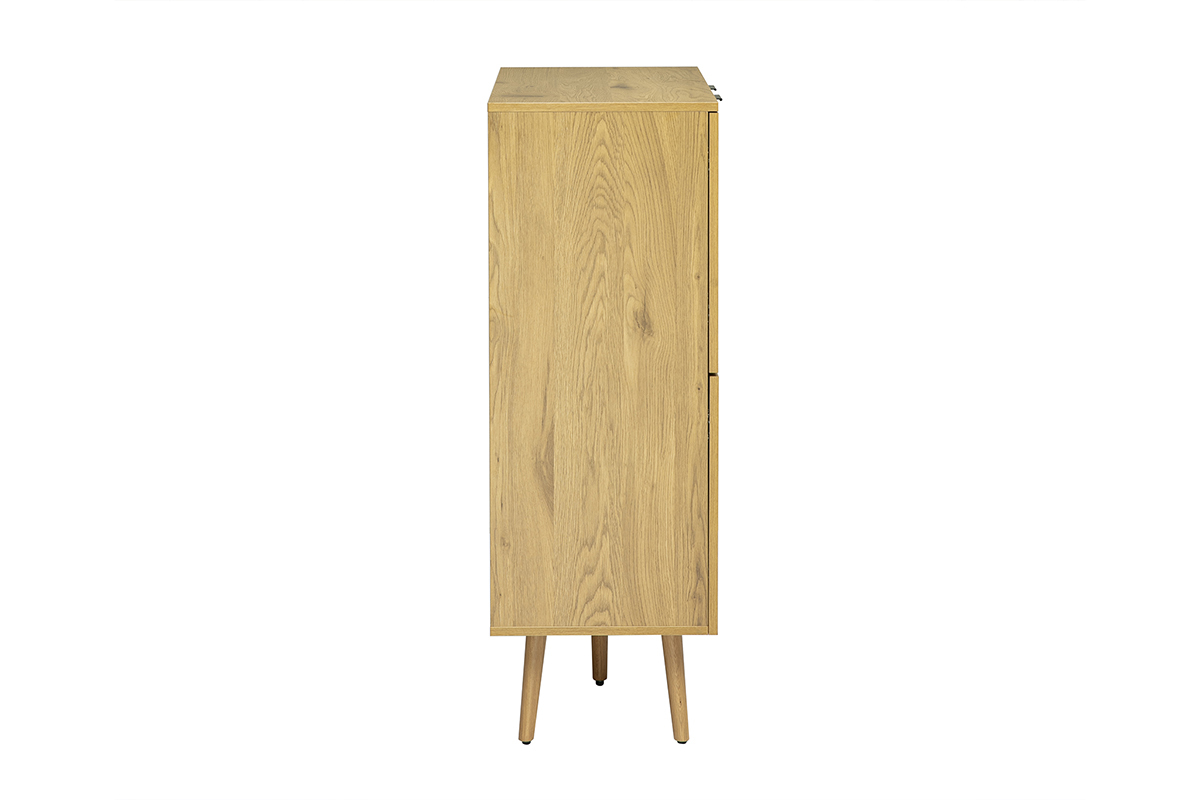 Buffet haut bois clair avec cannage en rotin, vue de profil, 4 portes, pieds en bois massif.