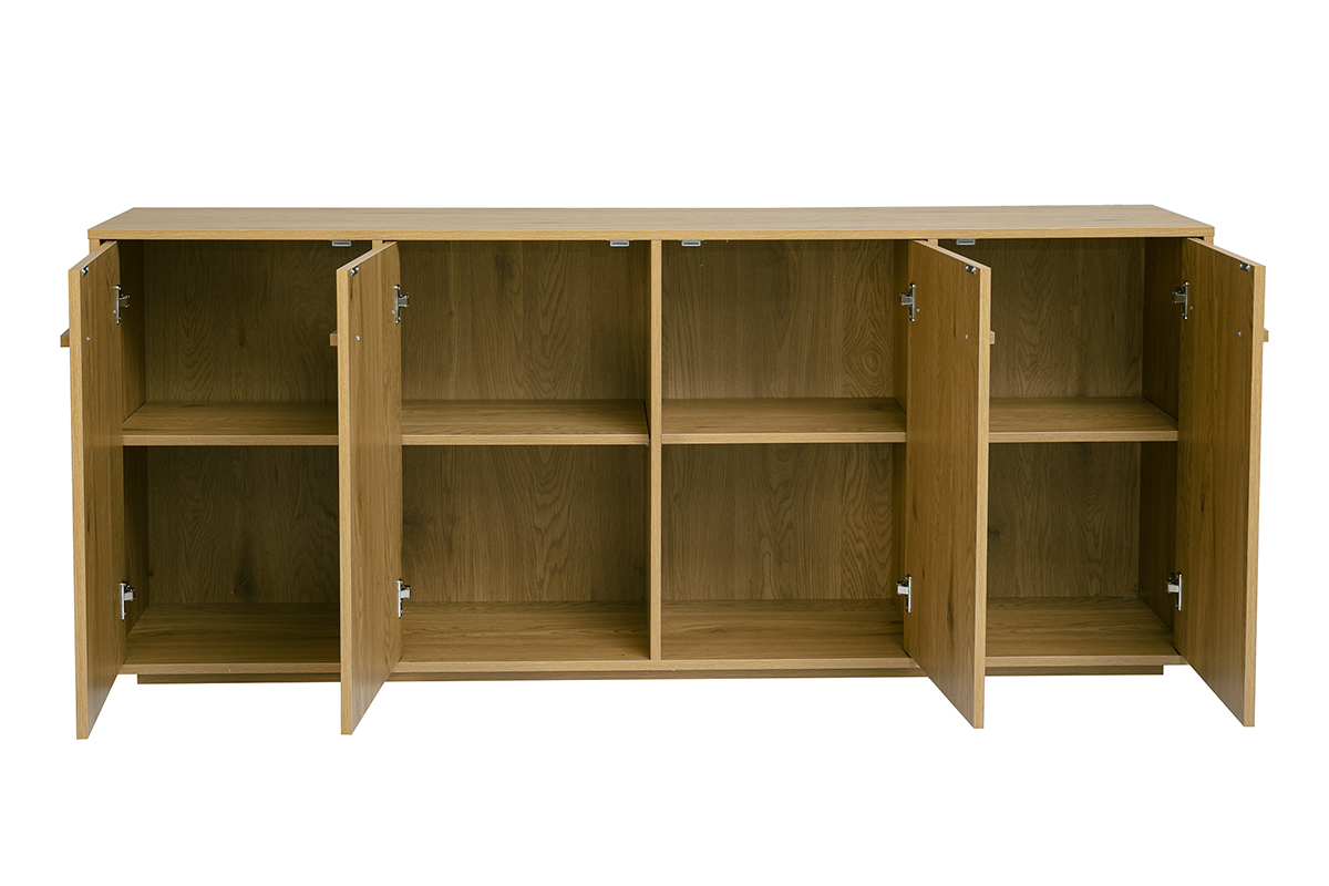 Buffet en bois clair ch�ne de 180 cm, ouvert avec quatre portes et �tag�res internes.