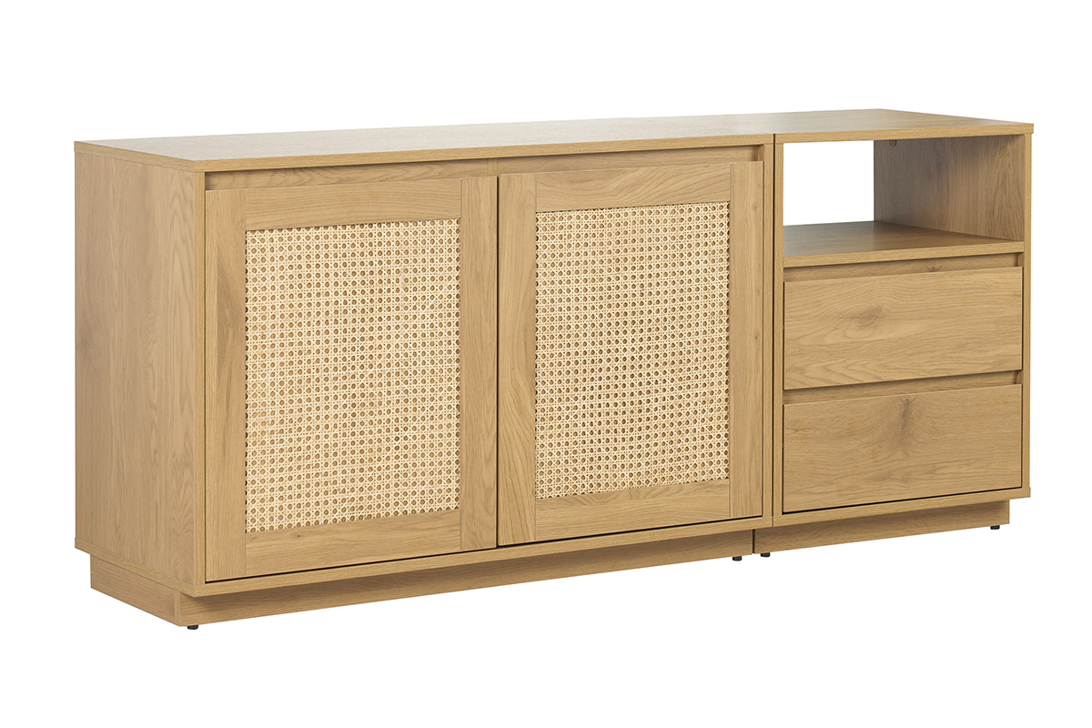 Buffet bois clair avec cannage rotin, 2 portes, 2 tiroirs, vue 3/4.