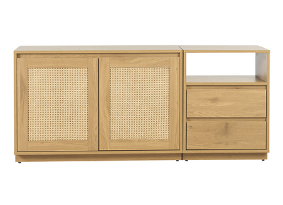 Buffet finition bois clair ch&ecirc;ne et cannage rotin 2 portes 2 tiroirs L146 cm SEVILLE
