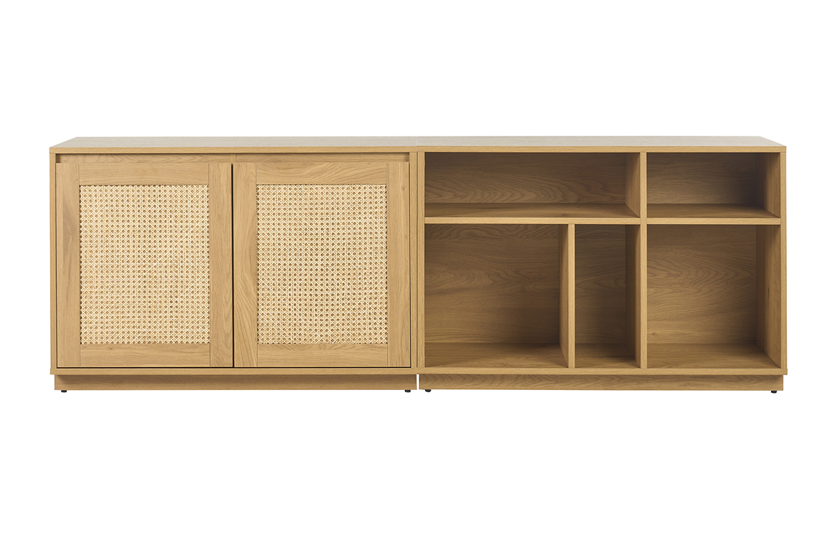Buffet en bois clair avec cannage rotin, 2 portes, L192 cm, niches ouvertes, vue de face.