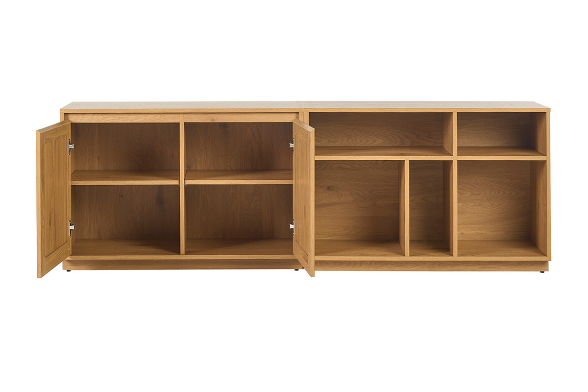 Buffet SEVILLE en bois clair ch�ne, 2 portes ouvertes, 5 niches visibles, vue de face.