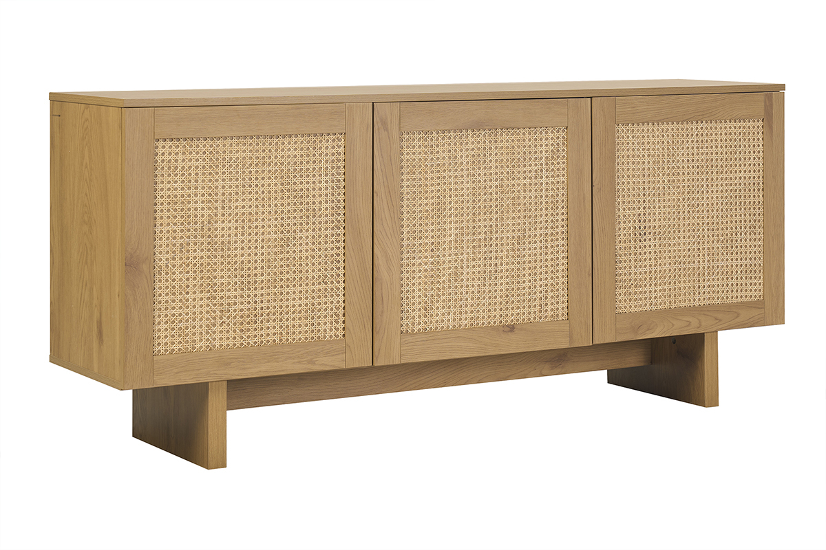 Buffet HERA en bois clair avec 3 portes en cannage rotin, vue de 3/4