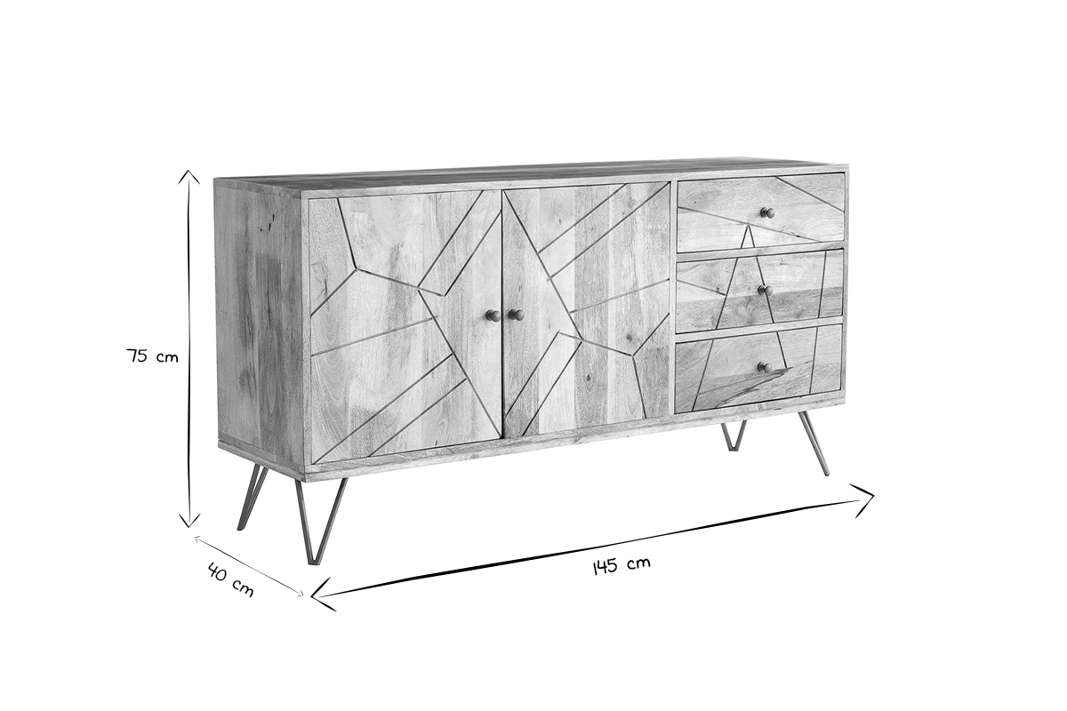 Buffet en manguier massif et m�tal dor�, 2 portes, 3 tiroirs, dimensions 145x40x75 cm, noir et blanc.
