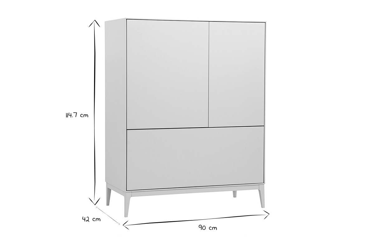 Dimensions du buffet haut beige laqu� mat : H114,7 cm, L90 cm, P42 cm, en noir et blanc.
