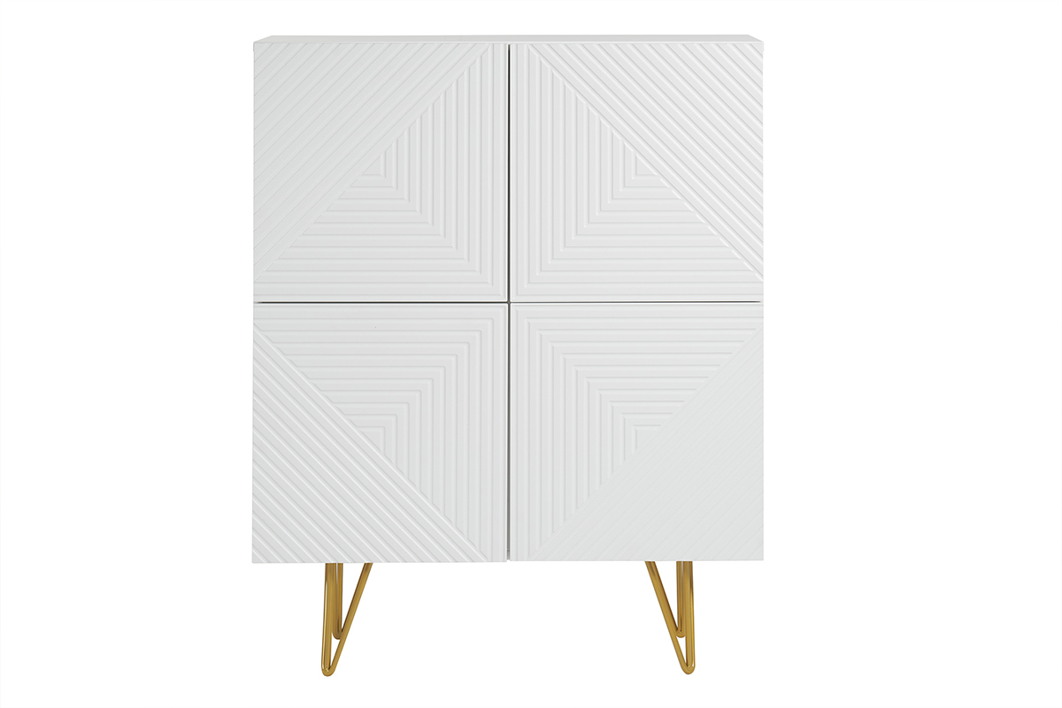 Buffet haut design grav� blanc mat et m�tal dor� 4 portes L86 cm OZEN