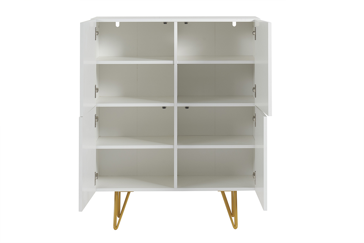 Buffet haut design grav� blanc mat et m�tal dor� 4 portes L86 cm OZEN