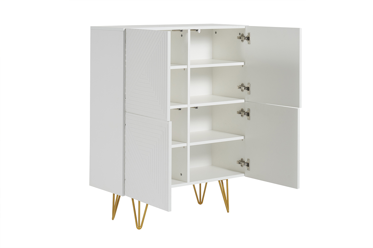 Buffet haut design grav� blanc mat et m�tal dor� 4 portes L86 cm OZEN