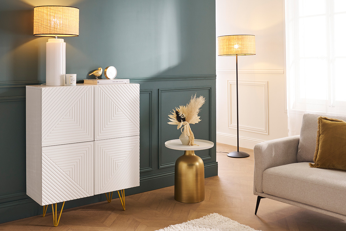 Buffet haut design grav� blanc mat et m�tal dor� 4 portes L86 cm OZEN