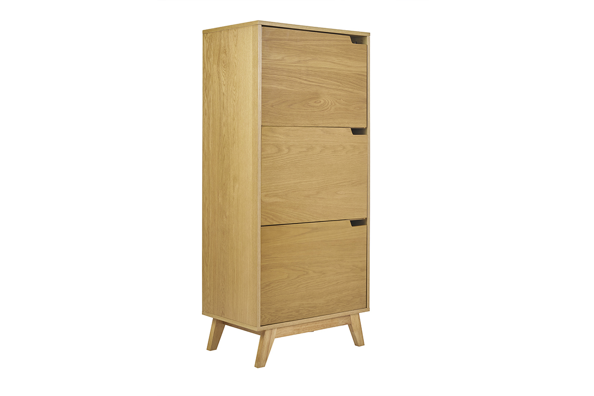 Buffet haut scandinave bois clair h�v�a 60 cm, style �pur�, trois portes, poign�es int�gr�es, mod�le LEENA
