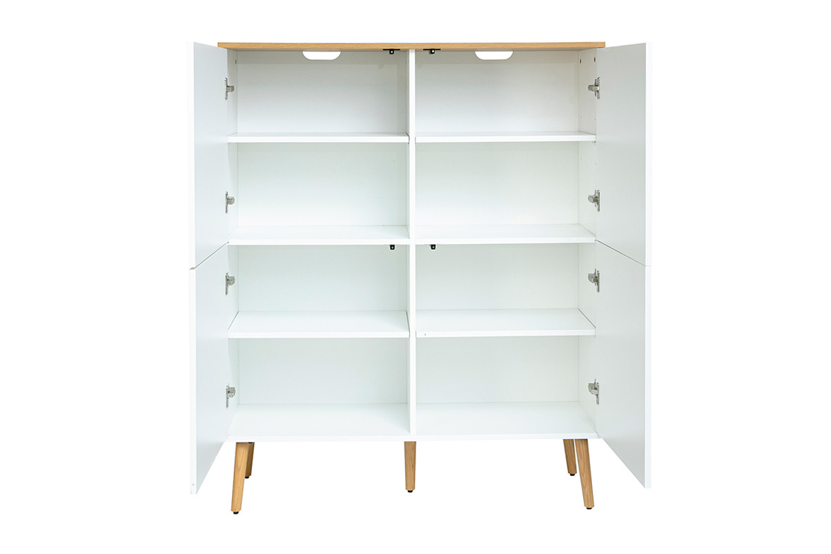 Buffet haut scandinave blanc avec plateau en ch�ne clair, portes ouvertes, int�rieur structur�, vue de face.