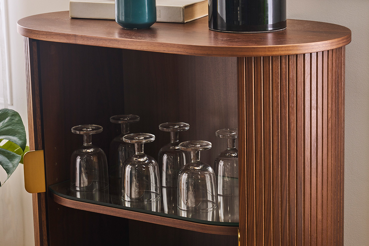 Buffet haut vintage avec portes coulissantes bois fonc� noyer L70 cm EPIC