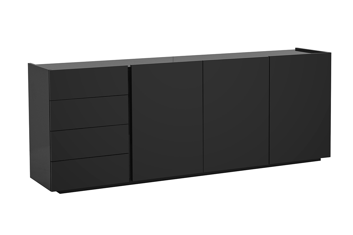 Buffet noir brillant ISAURE, 3 portes 4 tiroirs, vue de 3/4.