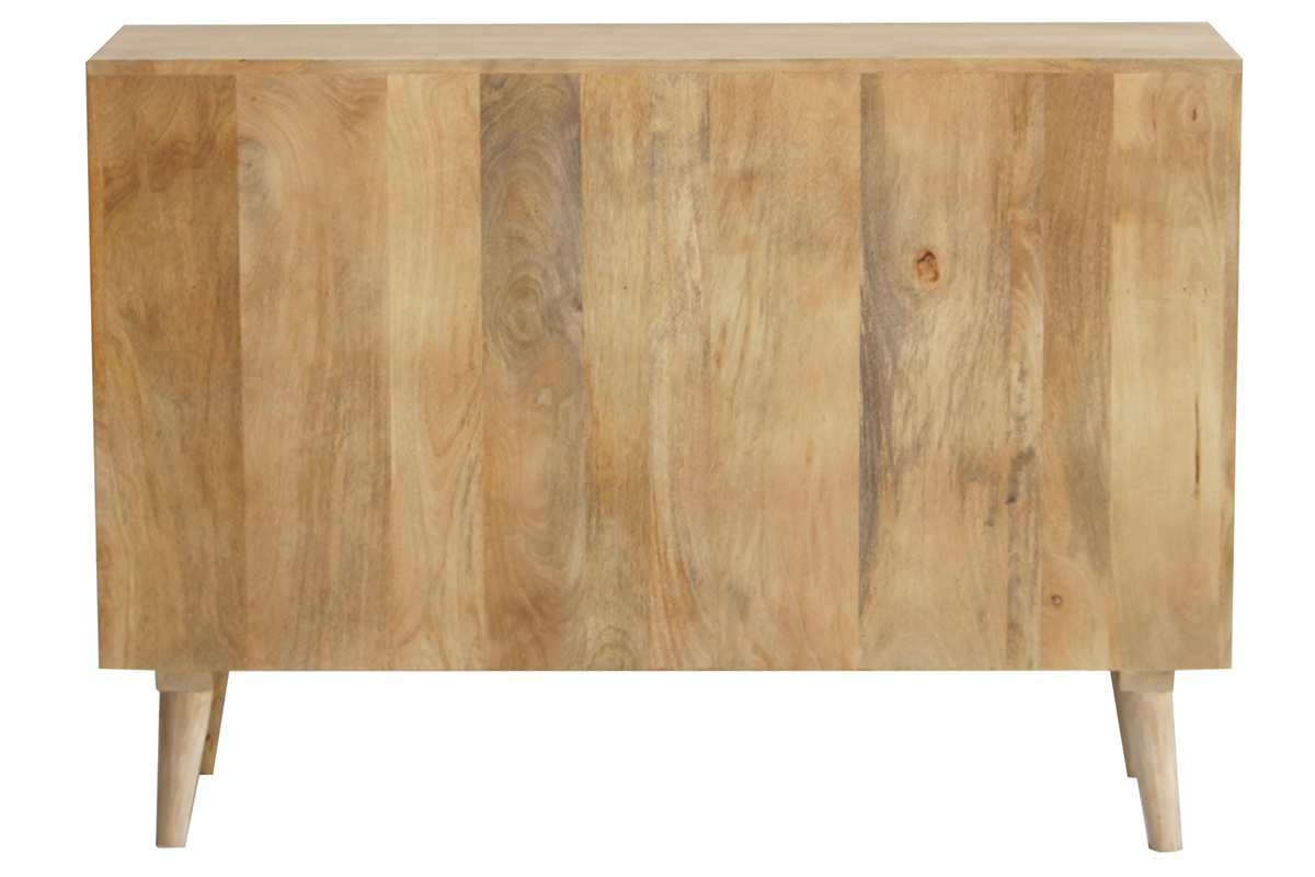 Buffet ouvert ISIDRO en bois manguier massif, vue de dos, 120 cm, rangement bouteilles et vinyles.