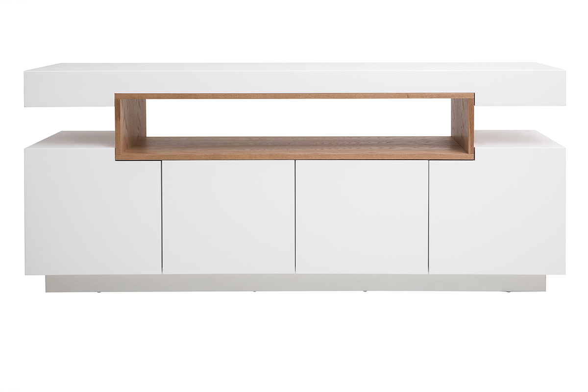 Buffet scandinave blanc laqu� brillant et bois avec 4 portes, vue de face.