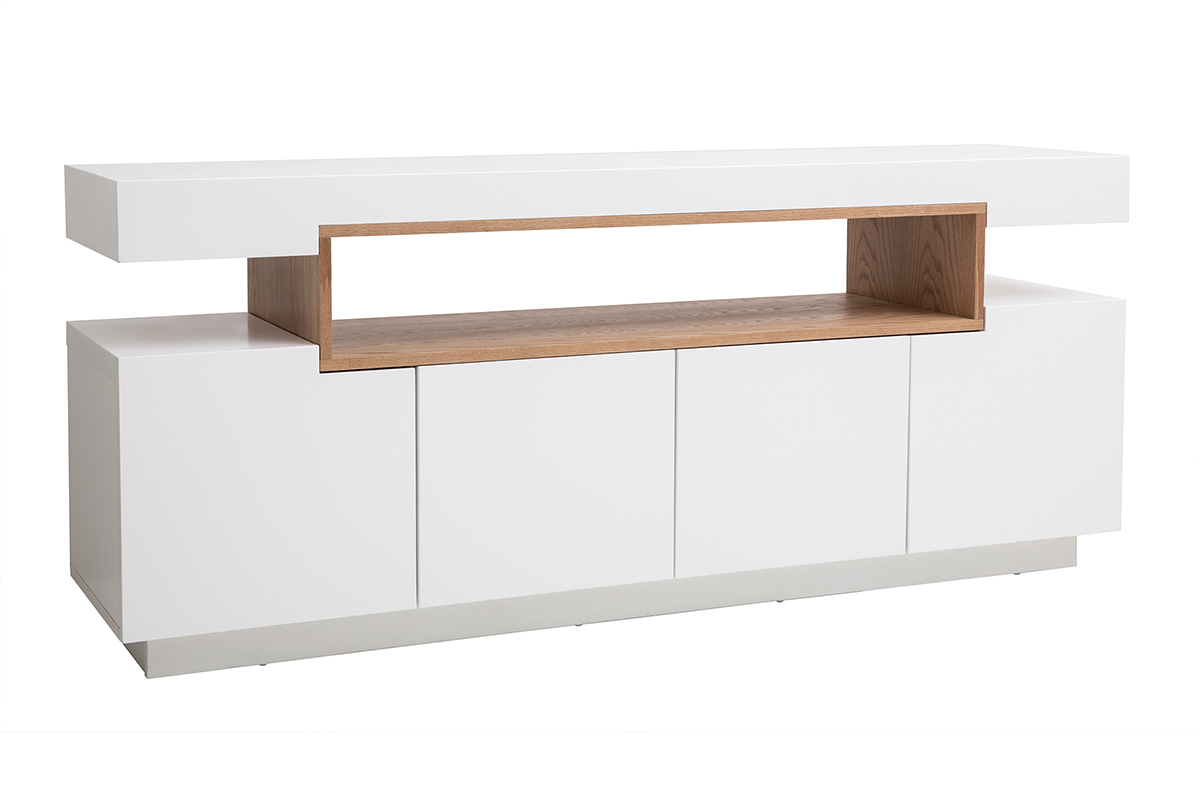 Buffet scandinave blanc laqu� brillant et bois � 4 portes, vue de trois quarts